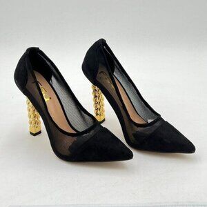 FSJ Black Mesh Gold Metal Chain Chunky High Heel Pointed Toe Slip On Pumps